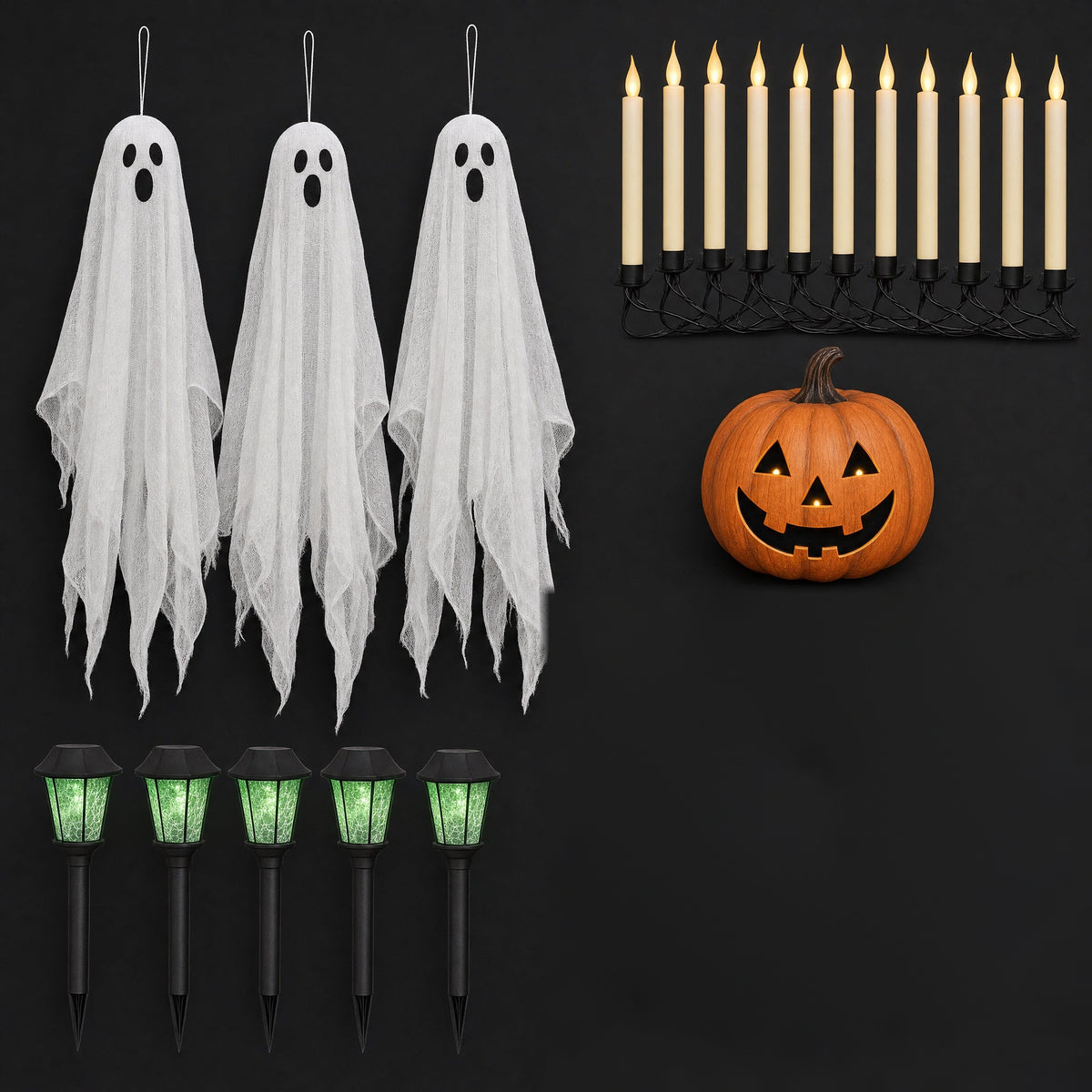 Witchlight Porch bundle flat lay - three hanging ghosts, eleven LED taper candles, jack-o'-lantern and five green lantern path stakes