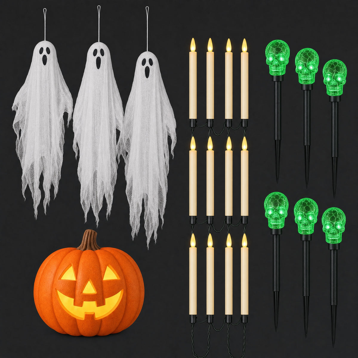 Witchlight Porch: three hanging gauze ghosts, a flameless candle garland, a lit smiling pumpkin and six green glowing pathway stakes on a black background