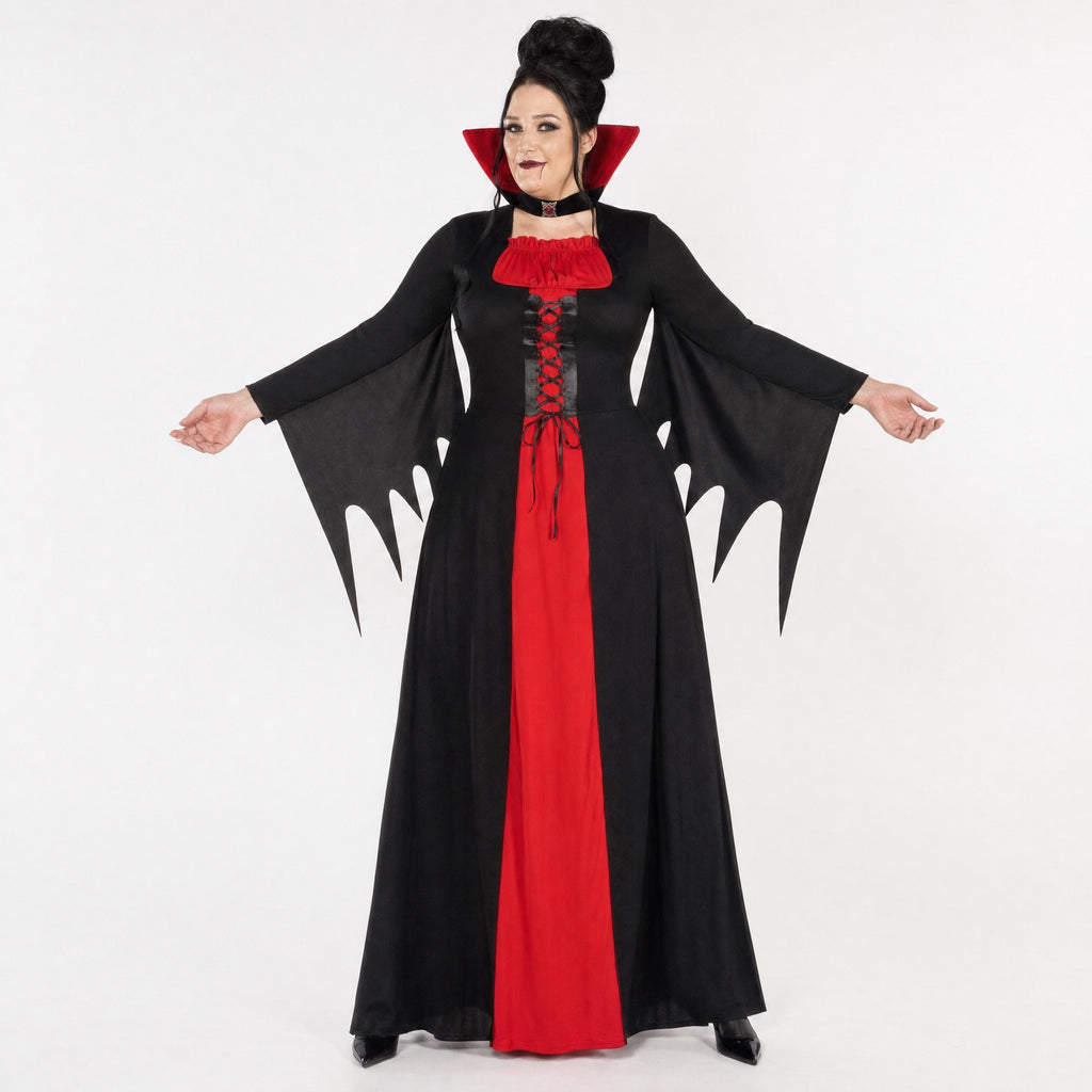 The Wraith Queen gown worn: black with a red stand-up collar, red centre panel, corset lacing and pointed bat-wing sleeves