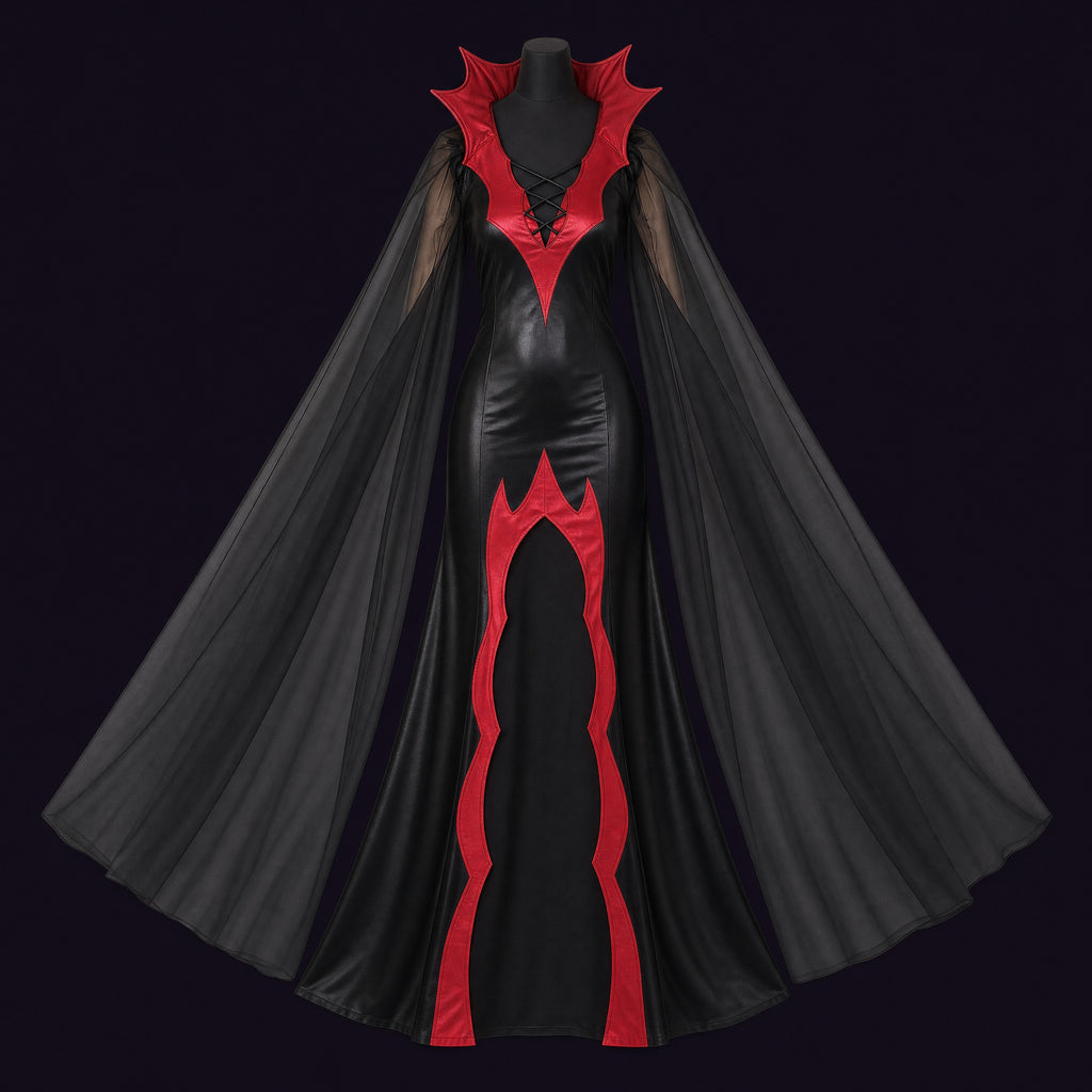 The Hollow Countess gown on a mannequin: black with a red spiked collar and long sheer floor-length sleeves