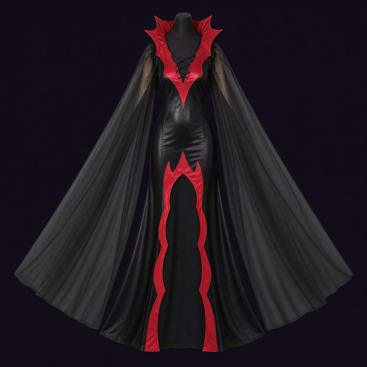 The Hollow Countess gown on a mannequin: black with a red spiked collar and long sheer floor-length sleeves
