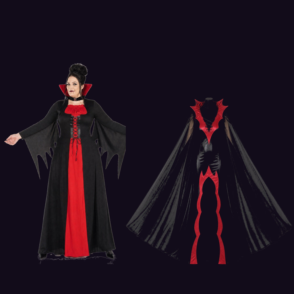 The Coven Set: both vampire gowns side by side — one worn with a red stand-up collar and pointed bat-wing sleeves, one on a mannequin with a red spiked collar and long sheer sleeves