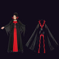 The Coven Set: both vampire gowns side by side — one worn with a red stand-up collar and pointed bat-wing sleeves, one on a mannequin with a red spiked collar and long sheer sleeves