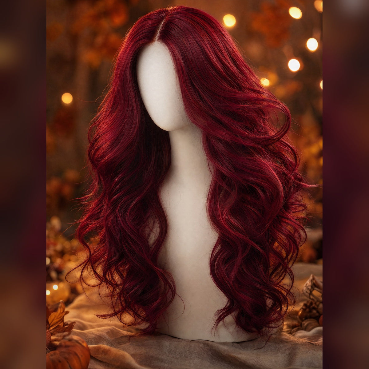The Crimson Mane wig on a display head amid autumn leaves and warm bokeh lights