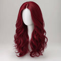 Long wavy deep crimson wig on a plain white mannequin head against a pale grey background