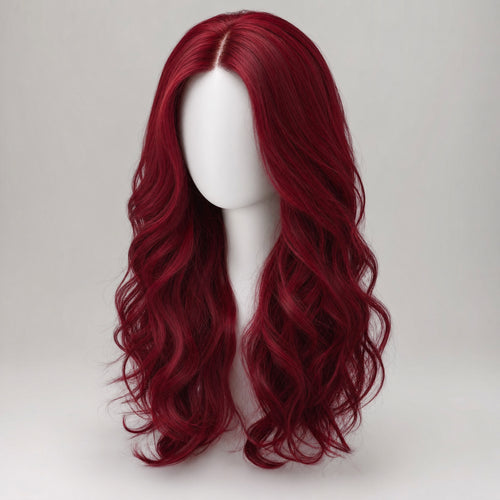 Long wavy deep crimson wig on a plain white mannequin head against a pale grey background