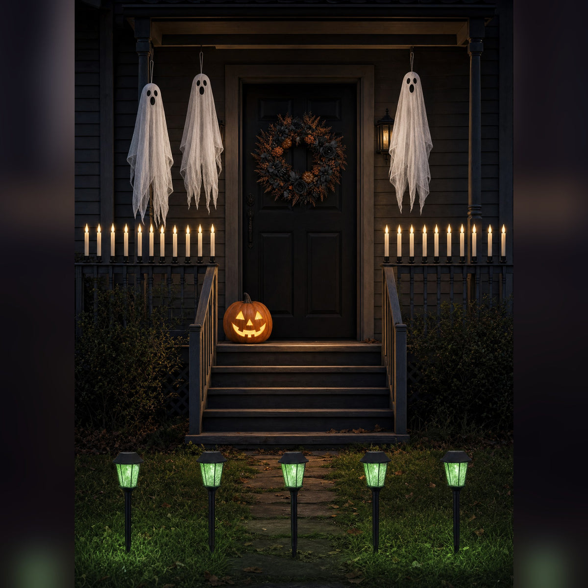 Full Manor Haunt installed at dusk: a black rose wreath on the door, three hanging ghosts, flameless candles along the railings, a lit jack-o'-lantern and five green glowing lantern stakes lining the path
