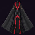Floor-length black vampire gown on a mannequin, with a tall red spiked collar, a red flame-shaped panel down the front and long sheer flowing sleeves