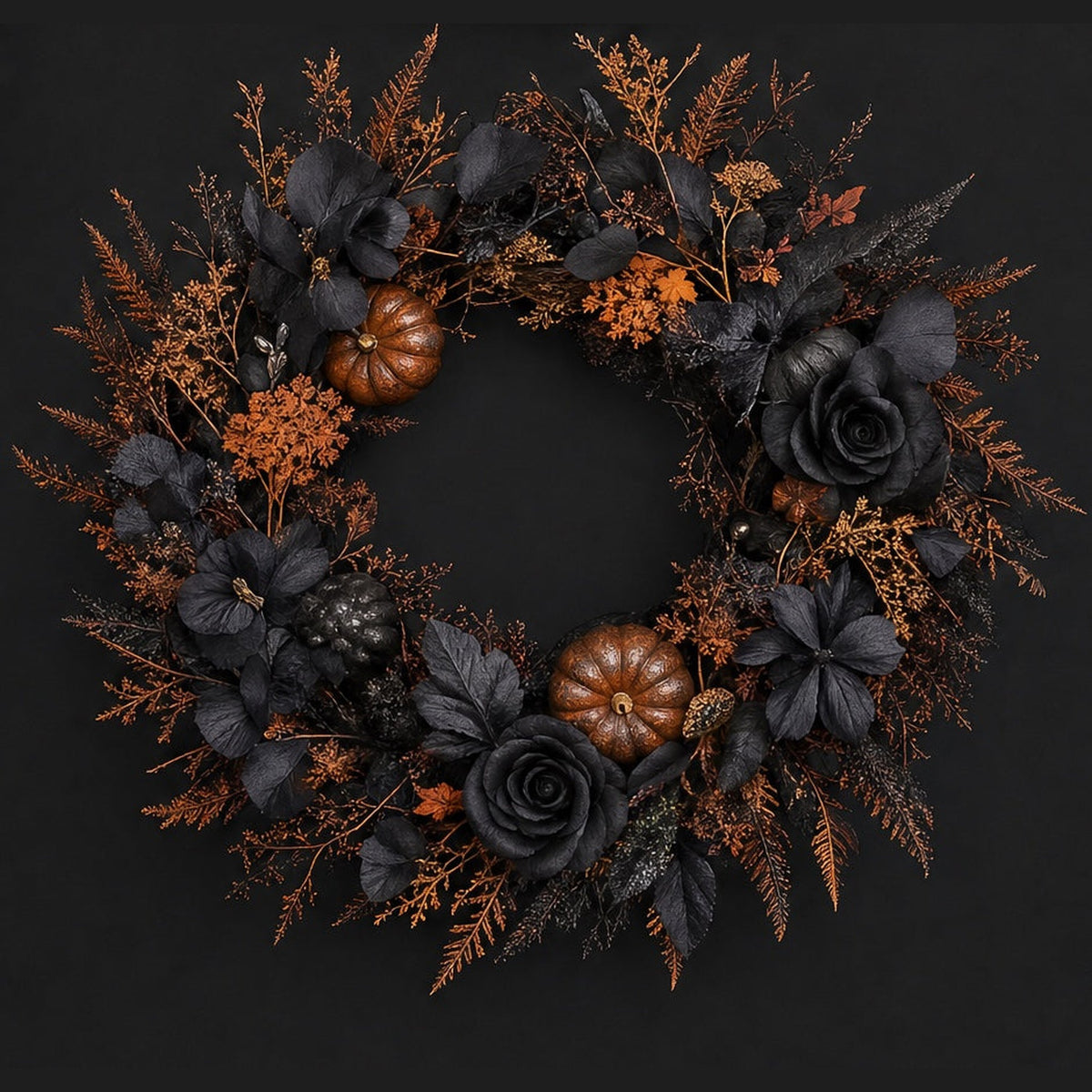 Halloween door wreath of black roses and leaves with copper ferns and small pumpkins