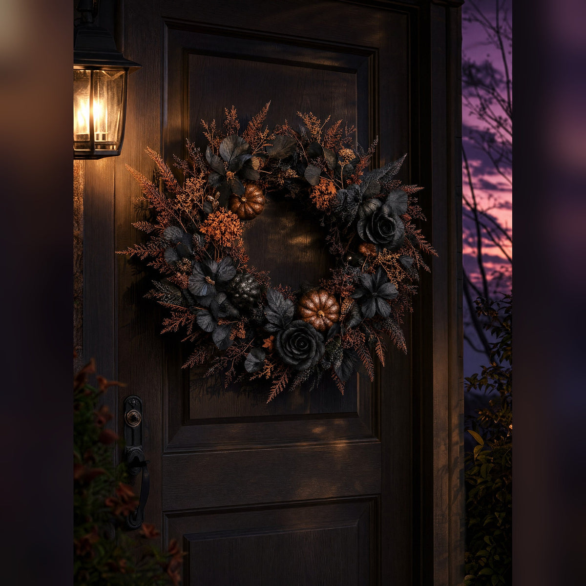 The Hollow Wreath hung on a dark front door beside a lit lantern at dusk