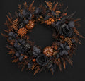 Halloween door wreath of black roses and leaves with copper ferns and small pumpkins