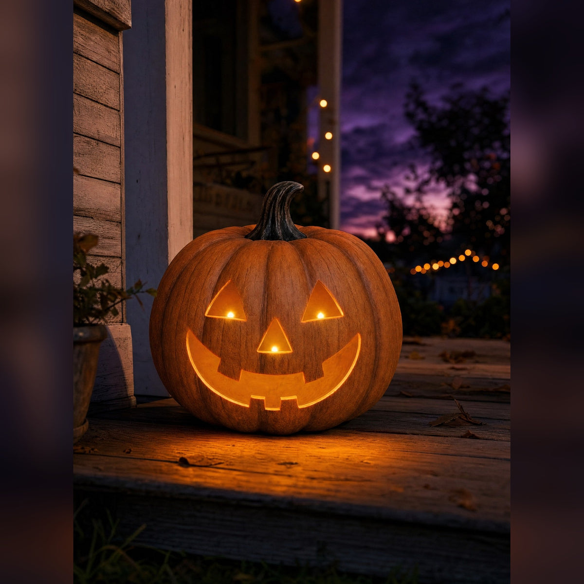 Jack's Grin lit from within, sitting on a porch step at dusk