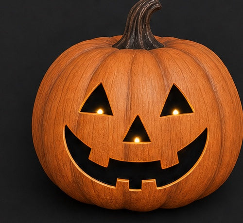 Carved jack-o-lantern with a wide friendly grin lit warmly from inside