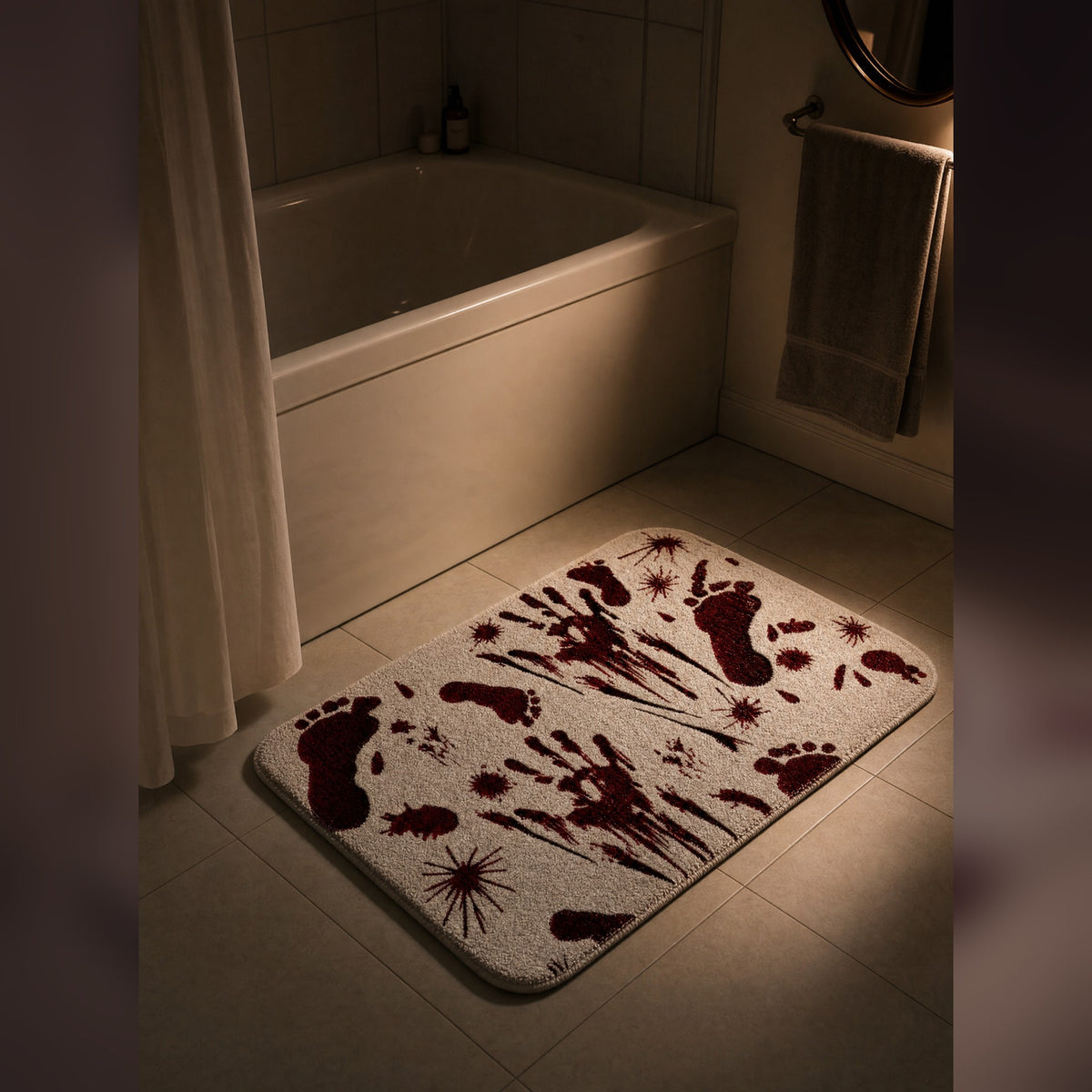 The Red Welcome mat laid on a tiled bathroom floor, crimson handprints and footprints across the pale pile