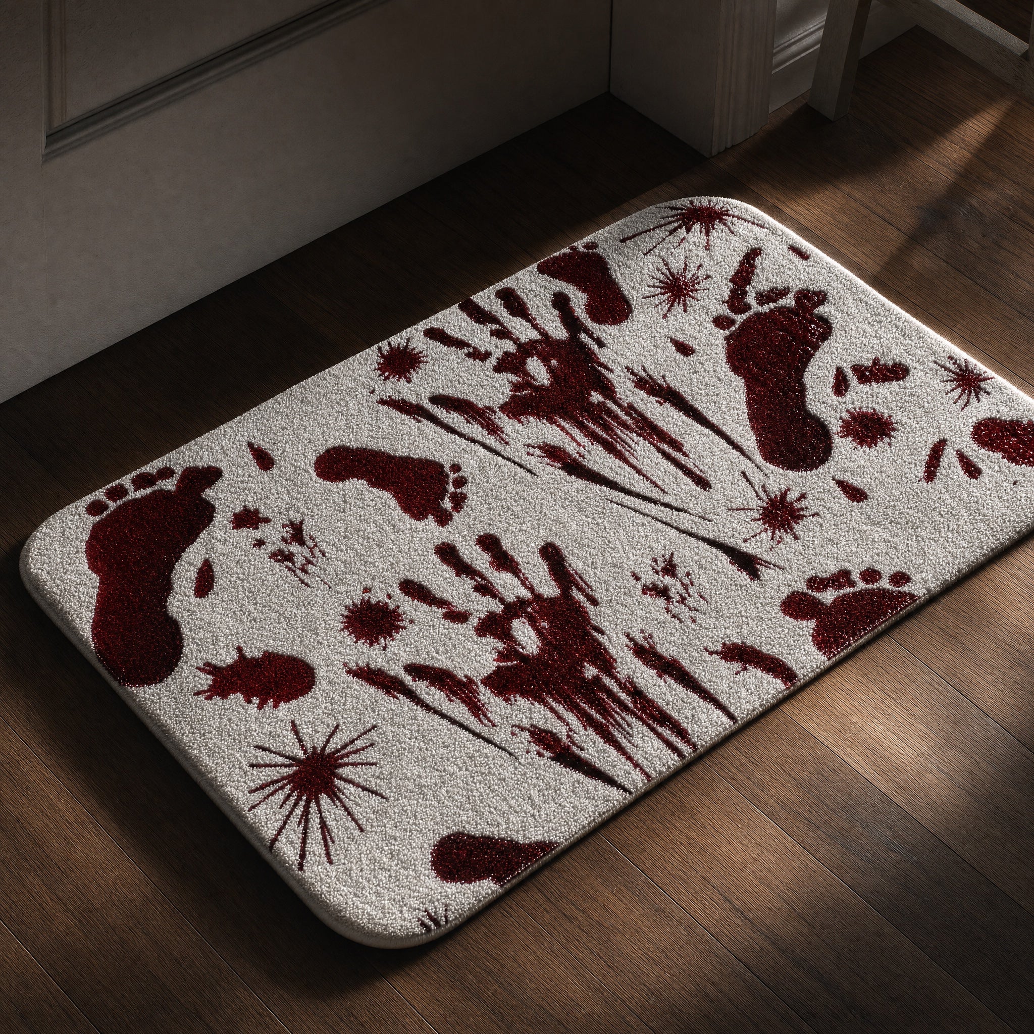 Plush doormat printed with dark crimson handprints, footprints and splatter, laid on a wooden floor by a panelled door