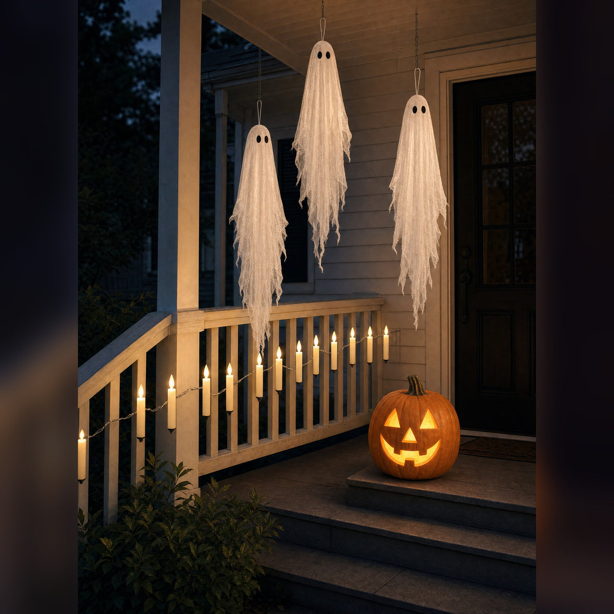 The Haunting Trio installed on a porch at dusk: three gauze ghosts hanging from the roof, a garland of flameless candles along the railing and a lit jack-o'-lantern on the top step