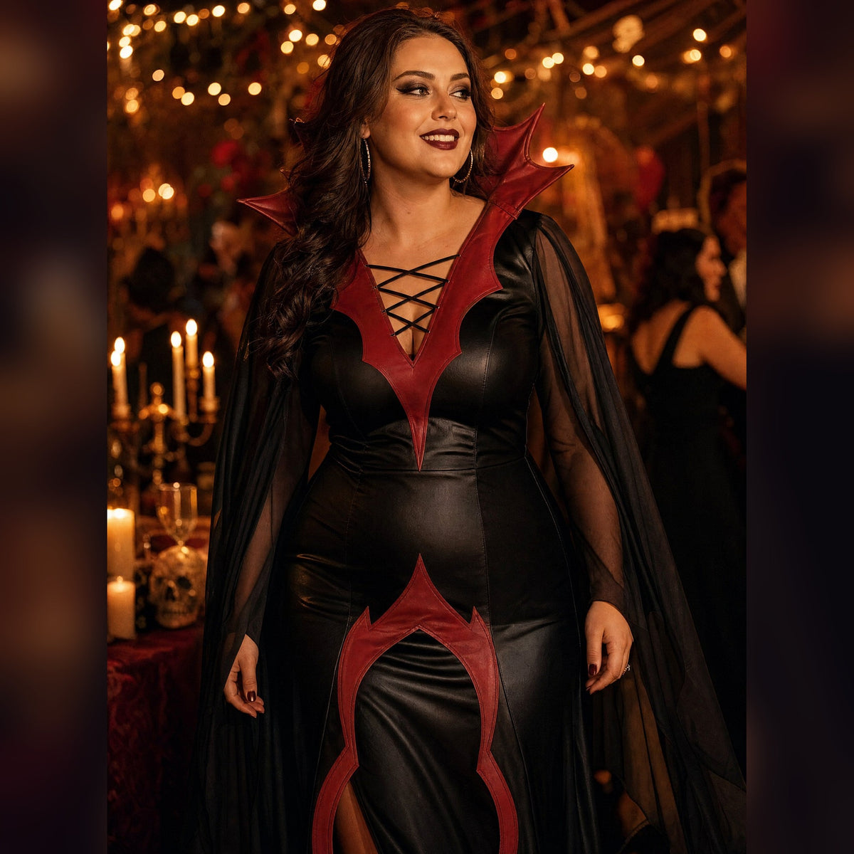 The Hollow Countess gown worn at a candlelit party, red spiked collar and long sheer sleeves catching the light
