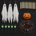 Complete Halloween decor set of hanging ghosts, candle garland, lit pumpkin, green pathway stakes and a black rose wreath