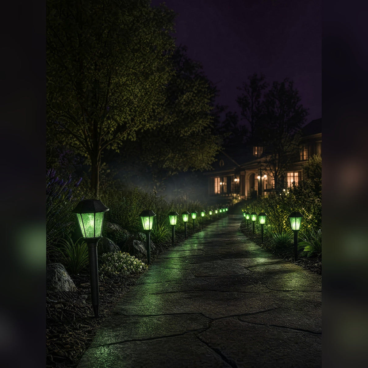 Witchlight Path stakes lining a garden path at night, glowing acid green towards a lit house